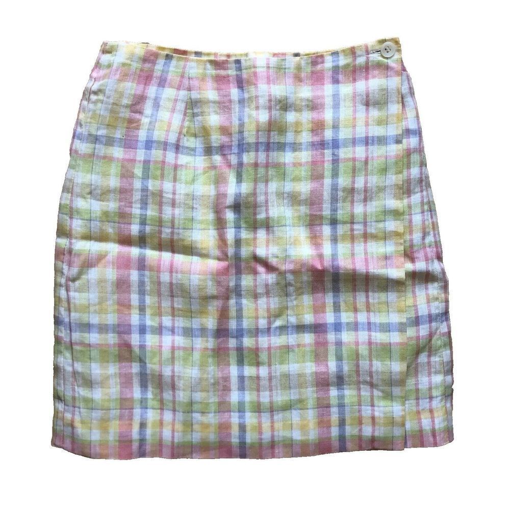 Vintage Rainbow Pastel Plaid Wrap Skirt Size XS Liz Claiborne 90s Linen